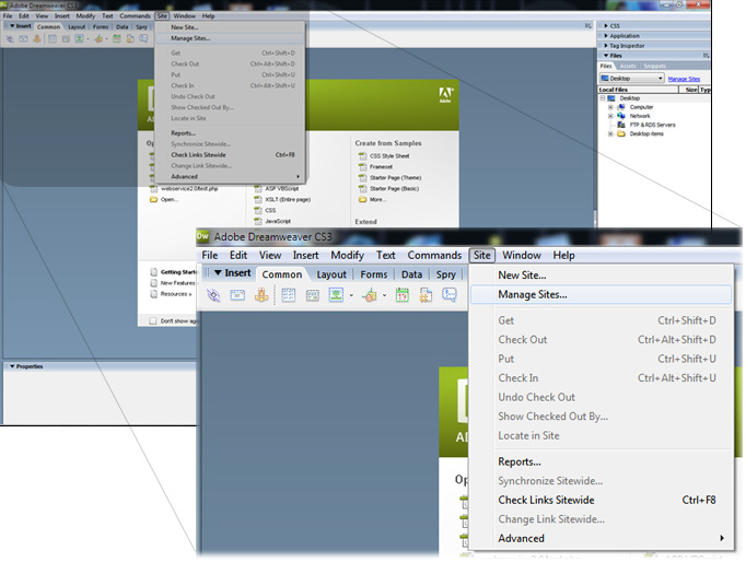 Screenshot of Dreamweaver menu bar at top; going to Site >> Manage Sites..