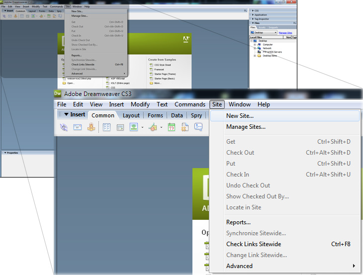 Screenshot of Dreamweaver menu bar at the top; going to Site >> New Site...