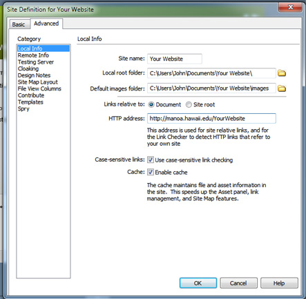 Screenshot of Dreamweaver; Advanced tab in Site Definition, configuring Local Info