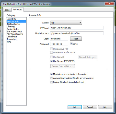 Screenshot of Dreamweaver; Advanced tab in Site Definition, configuring Remote Info