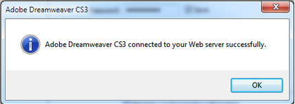 Screenshot of Dreamweaver; Success message upon clicking Test button to confirm settings