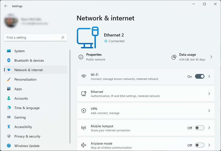 The Network & internet settings window