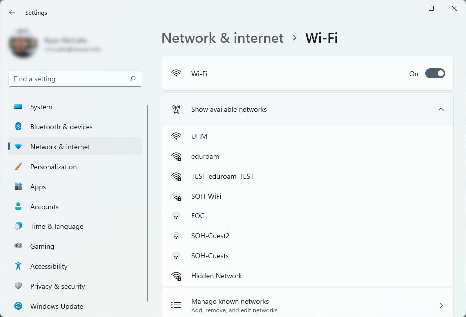 Selecting UHM from the Network & internet Wi-Fi window