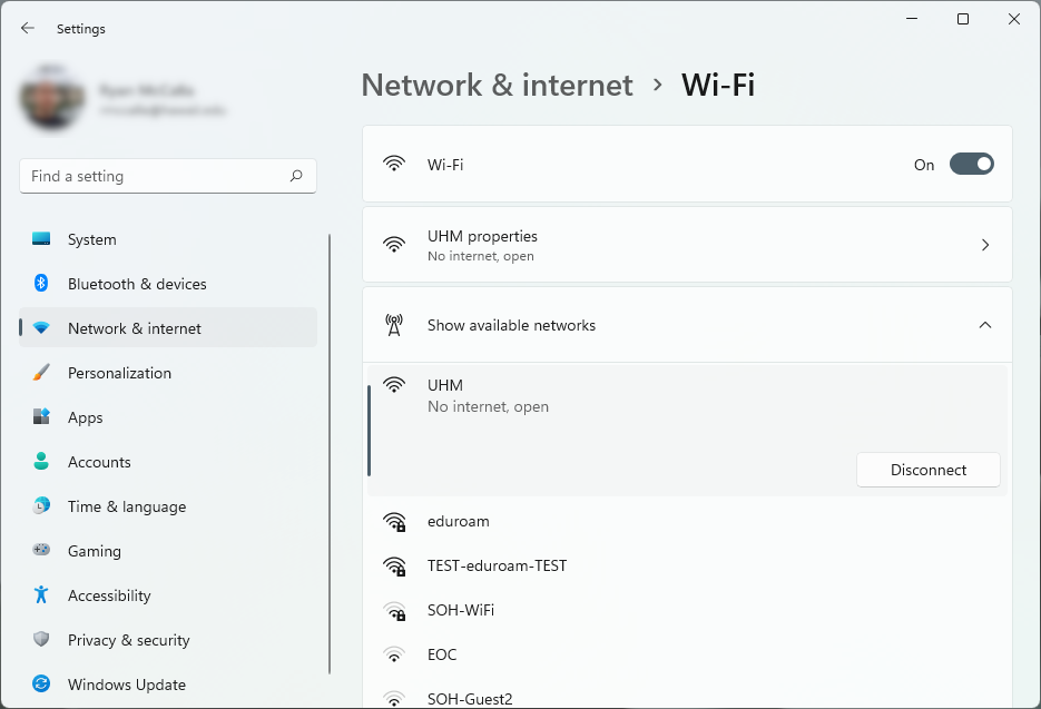 Network & internet Wi-Fi settings window