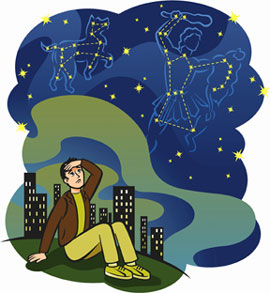 illustration of a man trying to gaze at the starts too close to city lights