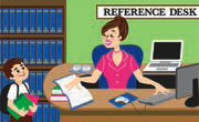 illustration of a reference librarian helping students, click for story