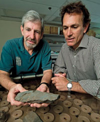 Geologist Barry Sinton and archaeologist Barry Rolett track travels through adze samples