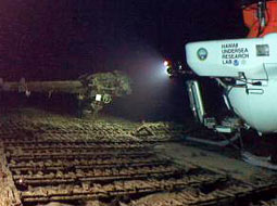 Pisces looking at the deck gun of I-14 underwater submarine wreck. Photo by Wild Life Productions