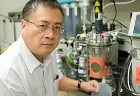 scientist  in lab holding bioplastic
