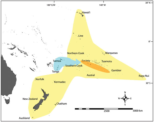 map showing patterns of Polynesian migrations