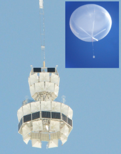 The ANITA payload shortly after launch. Inset: The inflated balloon and ANITA payload at 120,000 ft.