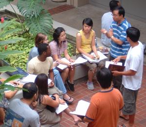 Richardson Law School students meet in the courtyard on the UH Manoa campus.