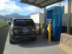Electric vehicles fuel up with hydrogen at Marine Corps Base Hawaii. Credit: Mitch Ewan, HNEI.