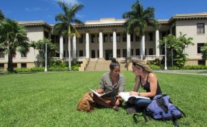 Students take a break in front of Hawaii Hall.