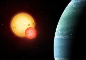 Artist's impression of the Kepler-453 system.  Illustration copyright Mark Garlick.