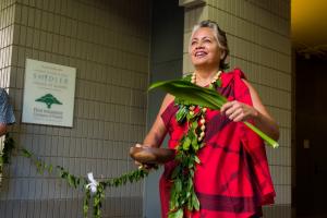 Kahu Arna Johnson performs a traditional Hawaiian blessing as the newly renovated Corporate Interview Rooms are unveiled. 