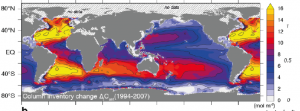 Change in human produced CO2 in oceans (1994-2007). Yellow = large increase. Credit: N Gruber