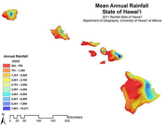 Map of Hawaii showing average rainfall by color
