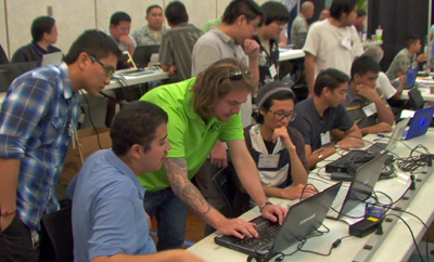 group of people around a computer