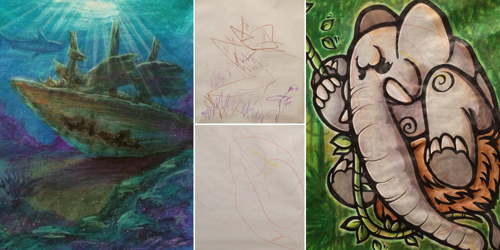 illustrations of a shipwreck under water and an elephant swinging on a vine