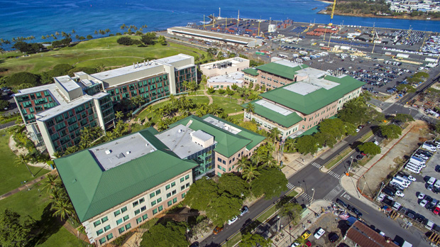 Aerial view of John A. Burns School of Medicine buildings