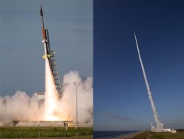 Two views of a rocket launch