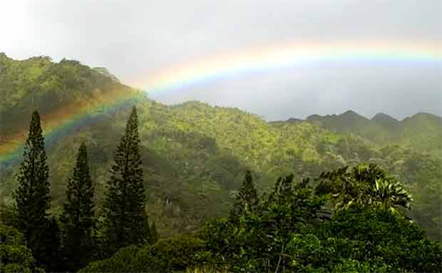 a rainbow across the mountains of Manoa Valley