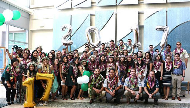 group of people with lei and balloon numbers 2017