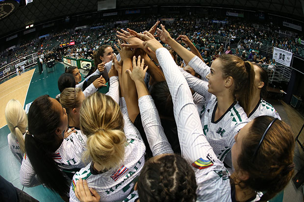 Wahine athletics in a group high five