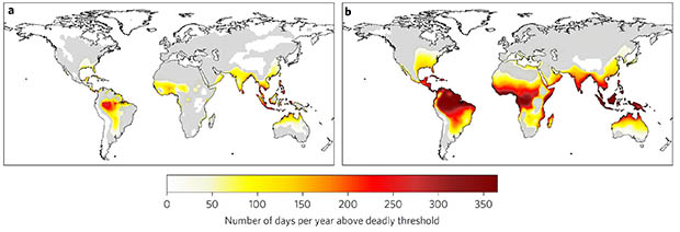 Two maps of the world comparing days per year with temperatures above deadly threshold