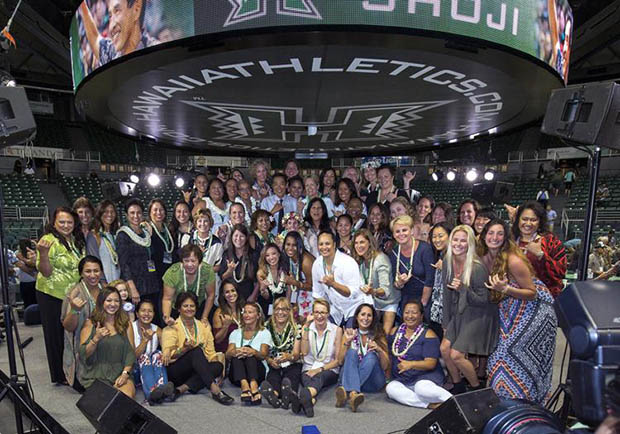 Dave Shoji surrounded by family, friends and current and former players at the Stan Sheriff Center