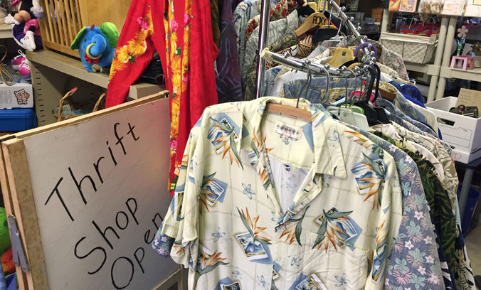 Thrift Shop merchandise including aloha shirts