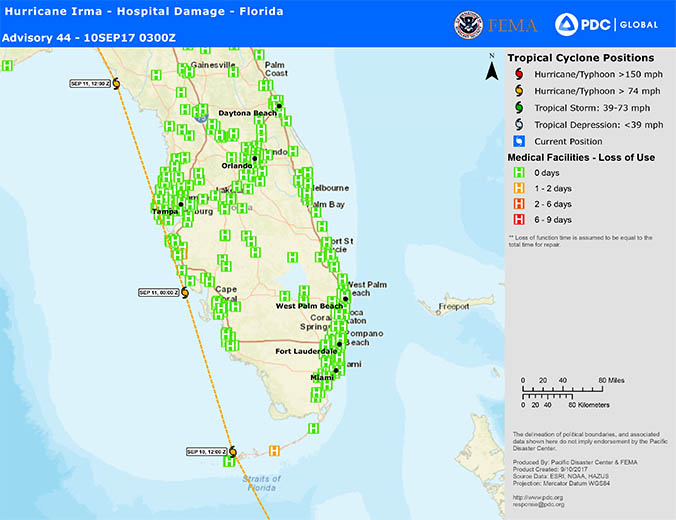 Florida area affected by hurricane mapped with colored H symbols designating hospital days loss of use