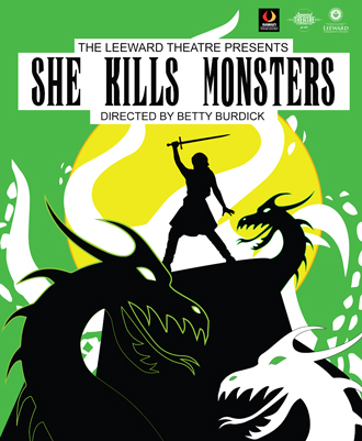 Silhouette of a woman with a sword standing above three monsters.