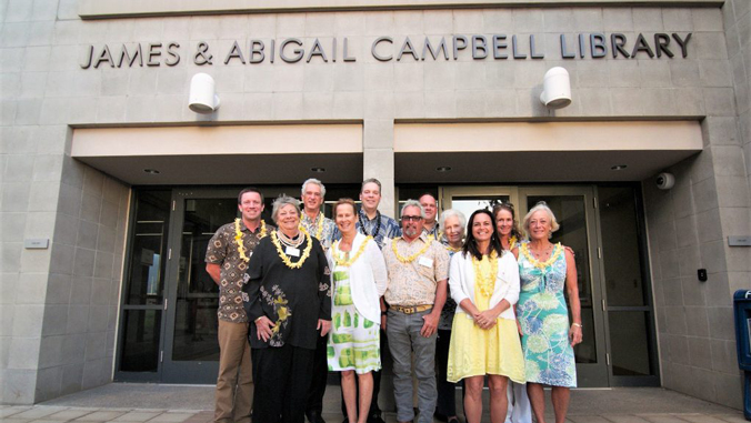 Group photo in front of the James and Abigail Campbell Library