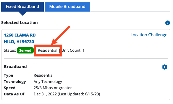 A red box with an arrow pointing to the Residential status of the address on the page