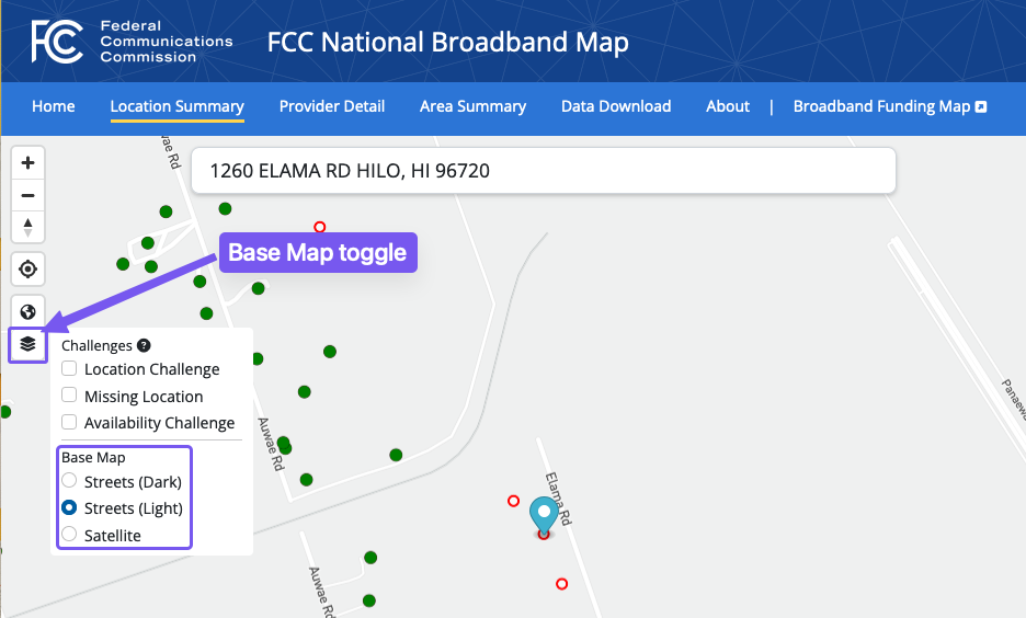 An image showing how to switch the base map for the FCC map