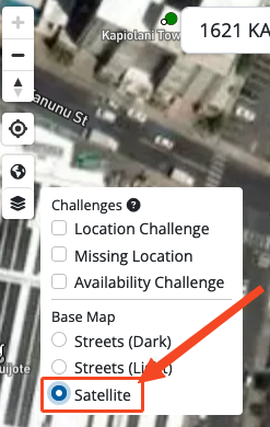 Arrow and box pointing to the Satellite option for the base map selection