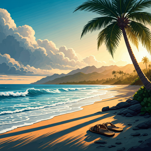 pair of sandals on a beach with waves, palm trees, mountains, and clouds in the background