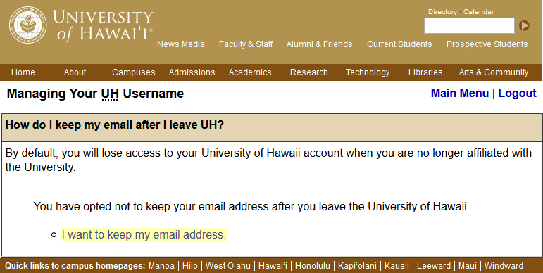 UH Username Management site showing I want to keep my email address link highlighted
