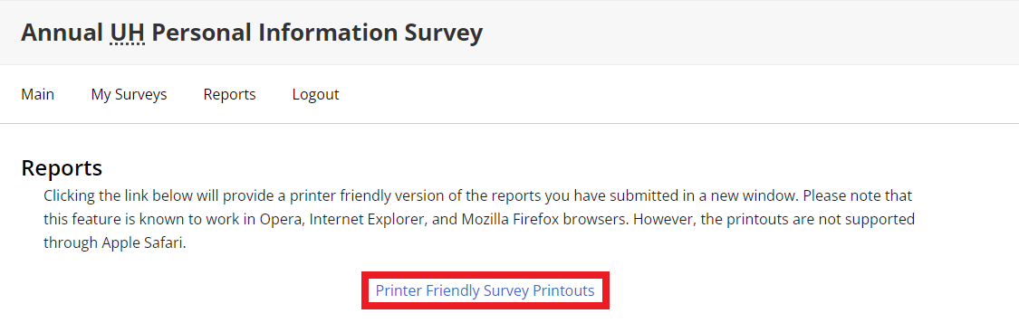 Reports page, Printer Firendly Survey Printouts option highlighted
