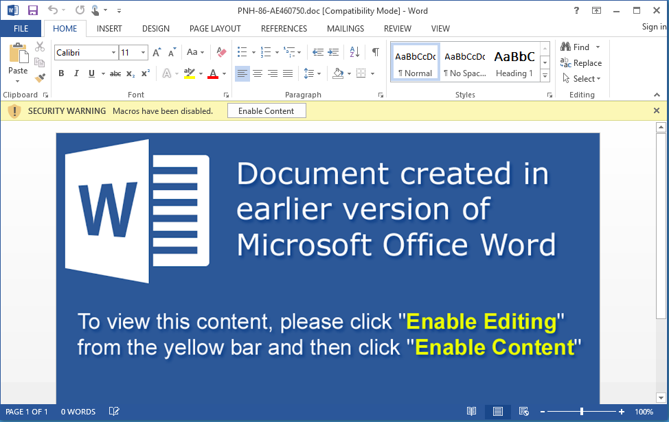 Word document with text: Document created in earlier version of Microsoft Office Word. To view this content, please click 'Enable Editing' from the yellow bar and then click 'Enable Content'