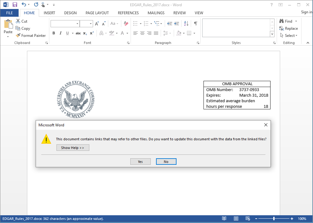 Word document with a security popup warning about linked files. Behind it is a US SEC seal and approval documentation.