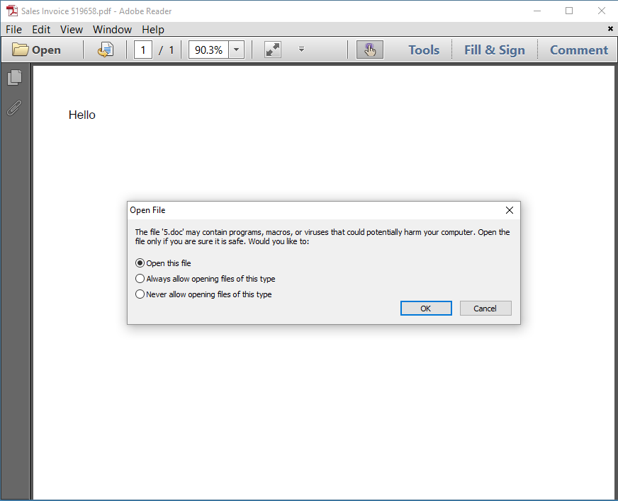 PDF document with a popup asking to open a Word document. The PDF contains the text 'Hello'.