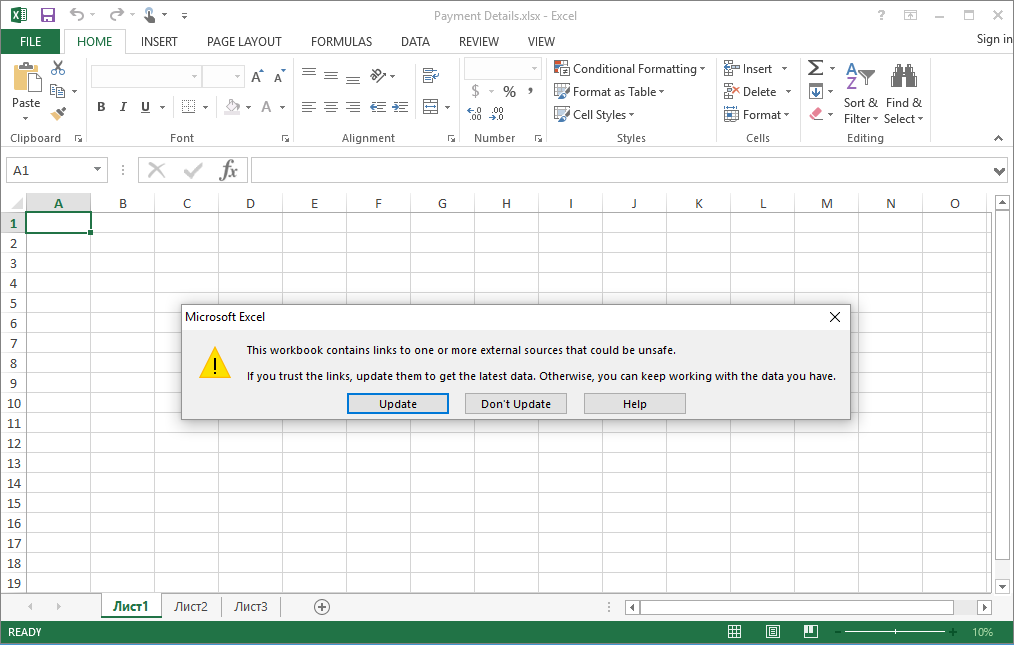 Excel sheet with a security popup warning that the workbook links to external sources.
