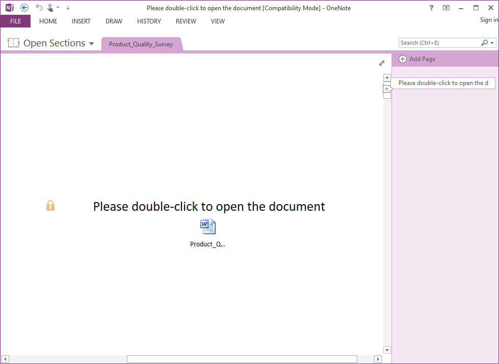 OneNote document with a lock sign and a message asking you to 'Please double-click to open the document.' a Word document icon with the same name is shown below the message.