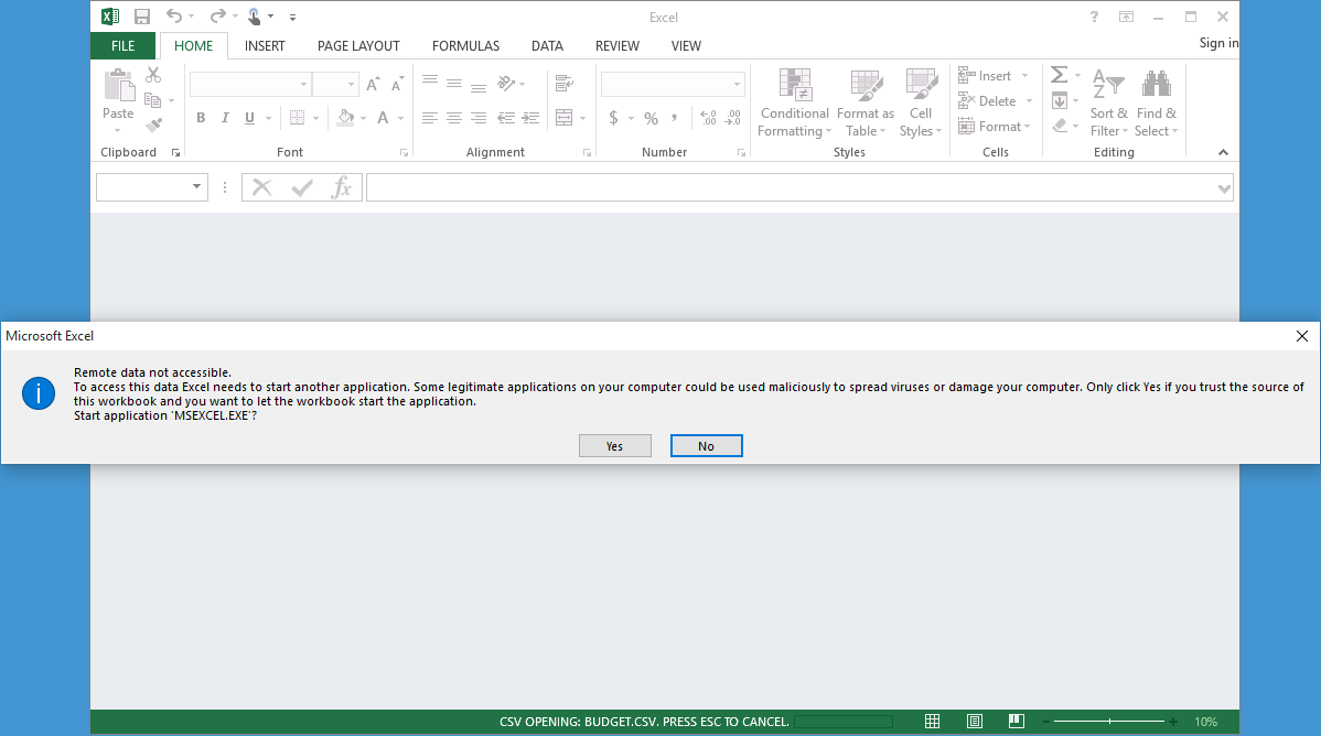 Excel workbook with a popup saying that the remote data is not accessible and that Excel needs to start another application. It wants to start 'MSEXEL.EXE'