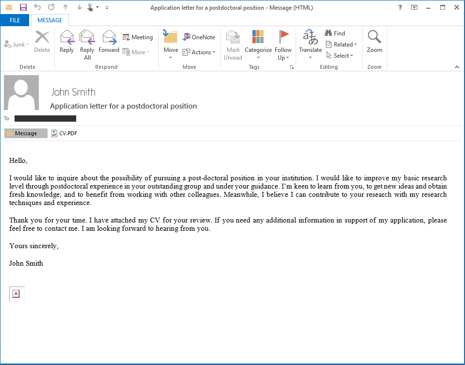 Email message opened in Outlook with a message about a CV. Attached is what appears to be a PDF, and a broken image link at the bottom of the message.