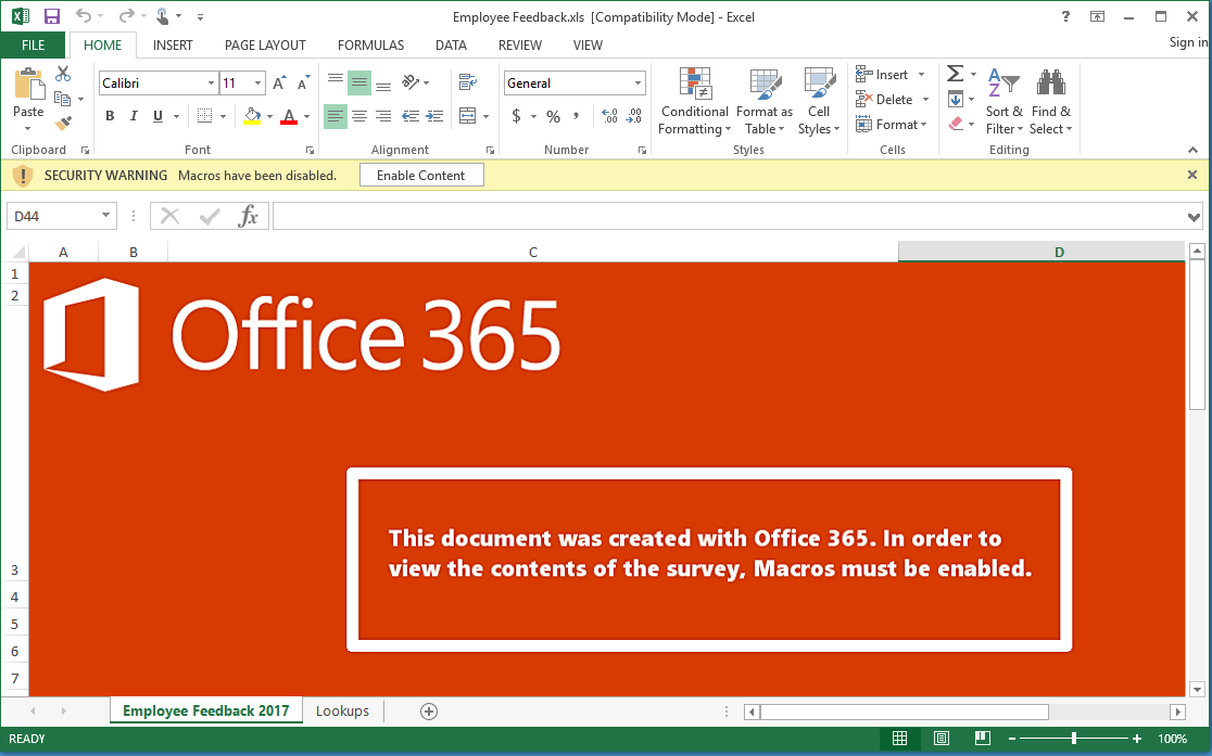 Excel document with text: Office 365. This document was created with Office 365. In order to view the contents of the survey, Macros must be enabled.