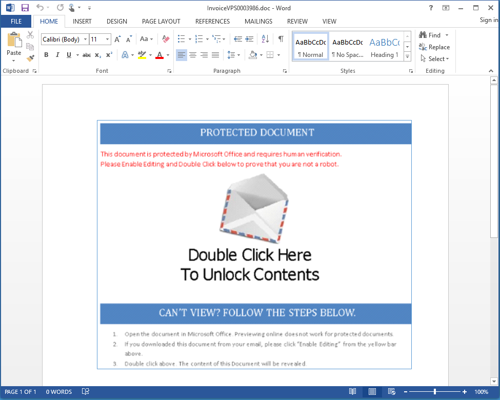 Word document with text: 'Protected document. This document is protected in Microsoft Office and requires human verification. Please Enable Editing and Double Click below to prove that you are not a robot.' Image of an open envelope with text: 'Double Click Here to Unlock Contents'
